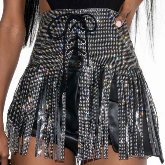 AKIRA Accessories - Rhinestone Corset Fringe Belt Black